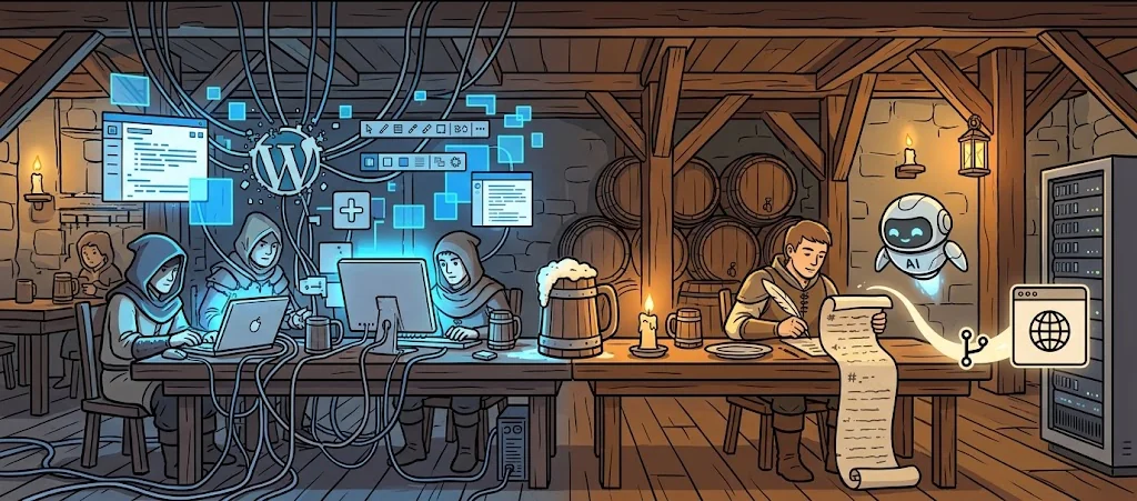 In a tavern, hooded figures tangled in cables at the WordPress editor, while a writer with a quill and an AI assistant publish a Markdown scroll to a static website