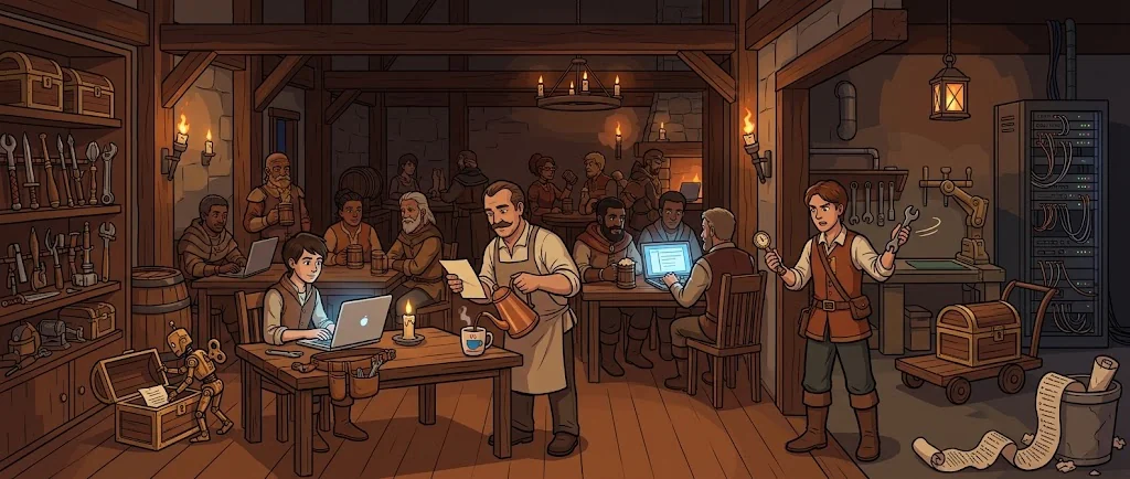 An automaton climbs from a chest with a note (the Maven Wrapper and the version file), the cook serves coffee in a Java cup (the JDK), an engineer with a gauge rejects a wrench (the enforcer), a chest rides to an automated bench (the pipeline), and install notes lie in a bin