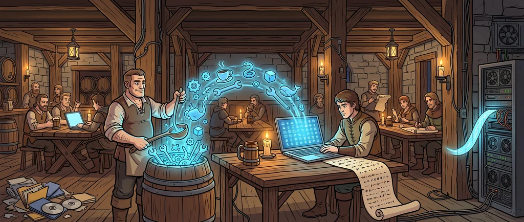 In a tavern, a barkeeper scoops glowing developer tool icons out of a barrel into a patron’s new laptop, next to an unrolled script scroll and a forgotten pile of installers