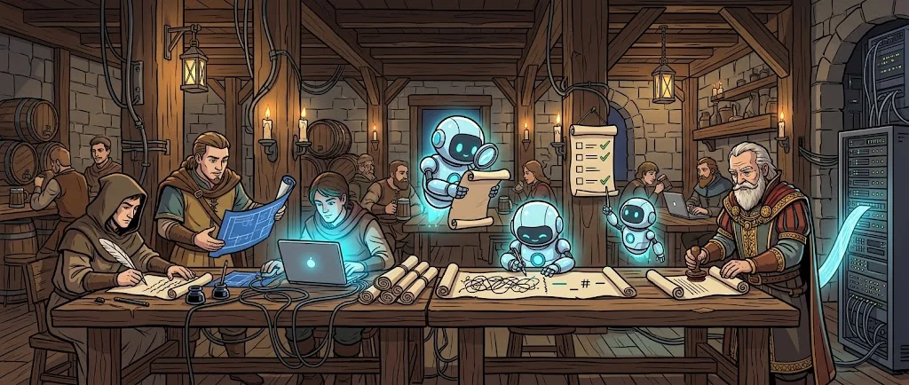 In a tavern, scribes and developers draft requirement scrolls together while small AI assistants review them, and a senior patron seals the clean result
