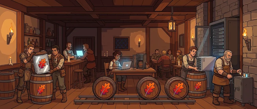 Engineers seal a TomEE server into a barrel (the container image); identical barrels roll on a rail (one image everywhere); one is unpacked into the rack (the cluster); the tavern keeper hands keys and vials from a safe (secrets and configuration); an engineer tests a miniature rack (Compose)
