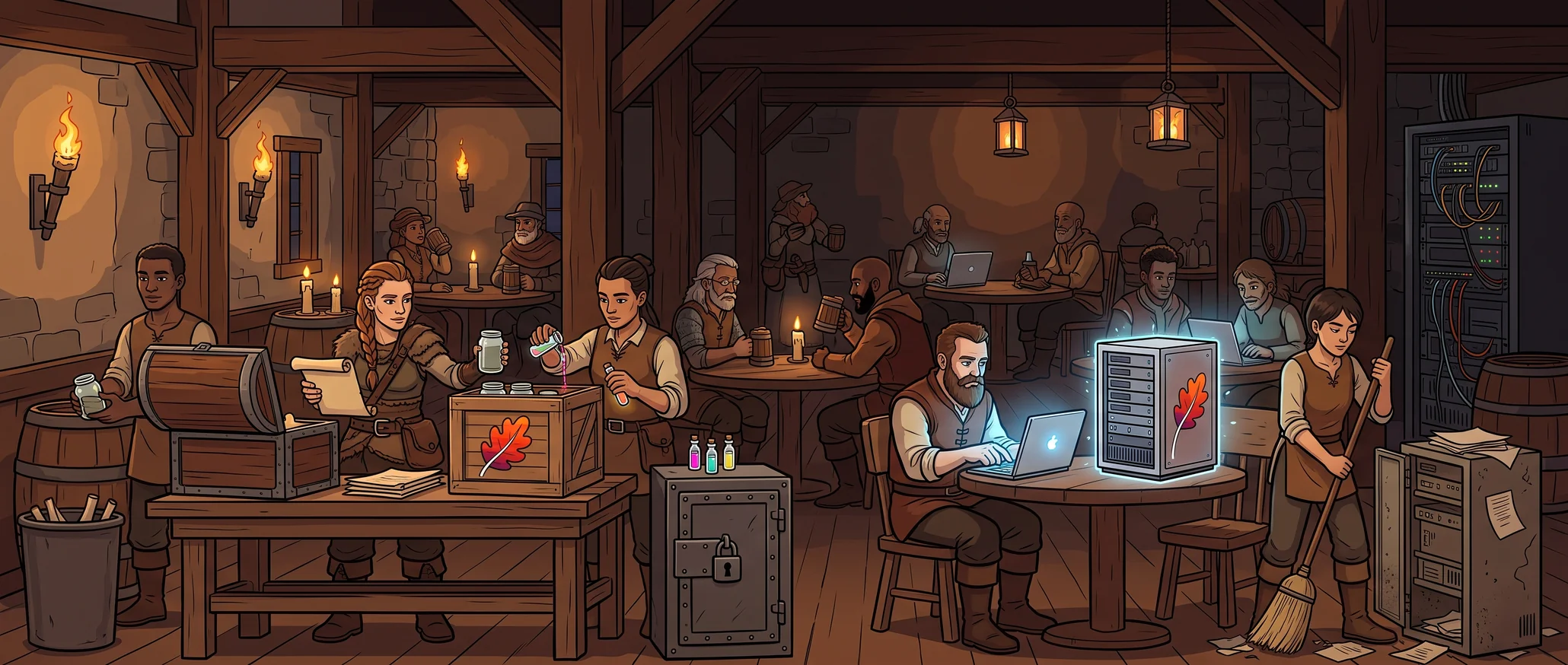 Following a recipe (the POM), engineers fill a TomEE crate (the stock distribution), adding one jar and discarding another (libraries), laying parchments from a chest on top (the overlay) and pouring in vials (secrets) from a locked cabinet (a secret store); one key (one Maven command) brings a fresh server as the old one is swept away (a clean run)